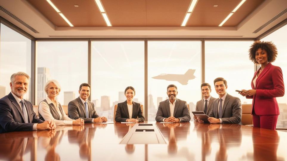 Diverse executive team with F-35 fighter jet in background — panoramic